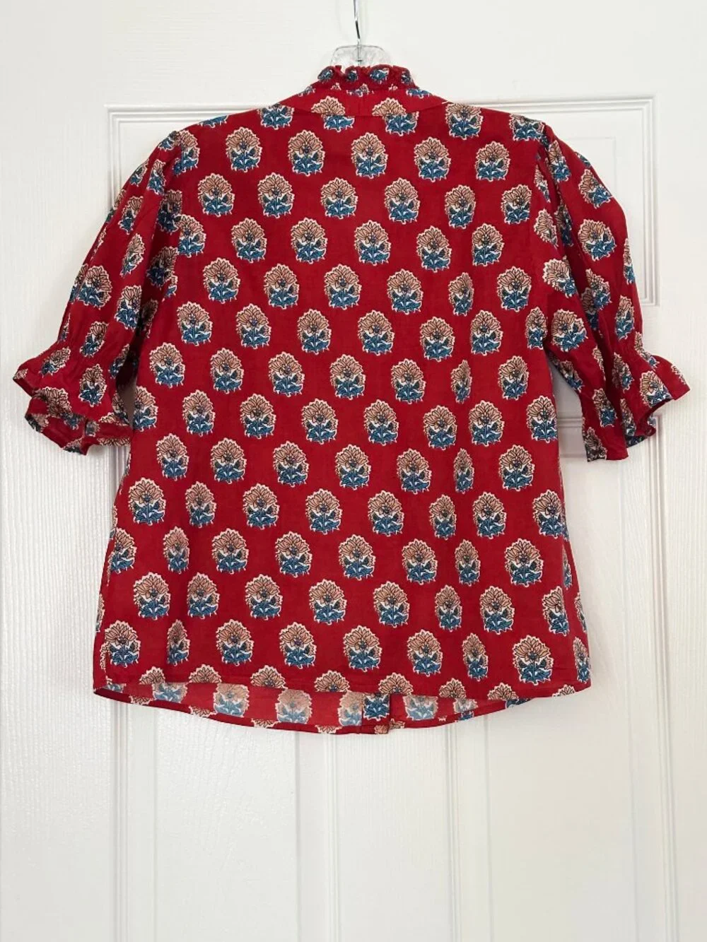 THML smocked block print short sleeve top - Red - Small - Picture 2 of 5